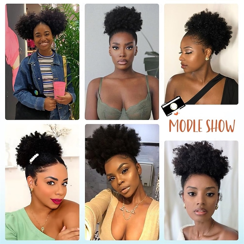 Afro Puff Drawstring Ponytail Extension Short Afro Wigs Curly Bun Hair Pieces For Women Clip On Kinky Curly Synthetic Hairpieces Natural Black 1B3