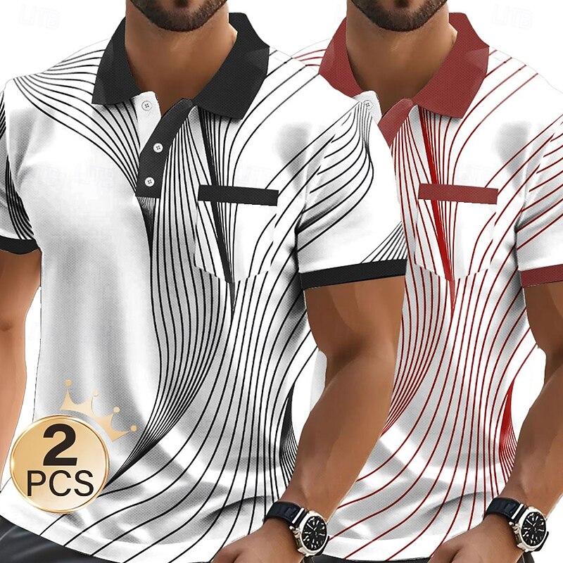 Men's Graphic Geometric Polo Short Sleeve Polo Shirts Collared Shirts Business Casual Outdoor Business Athleisure Daily Wear Pocket 3D Print Buttons Summer Black + blue Light blue + blue Red + Black2