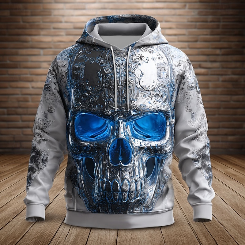 Halloween Day of the Dead Skull Men's Skull Hoodies Sweatshirt Cool Party Long Sleeve Crew Neck Club Streetwear Red Blue Drawstring Fall Winter Designer