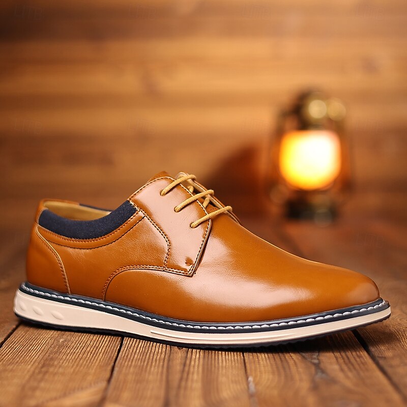 Men's Glossy Tan Faux Leather Oxford Shoes – Sleek Lace-Up Footwear for Office, Business Meetings & Semi-Formal Events4