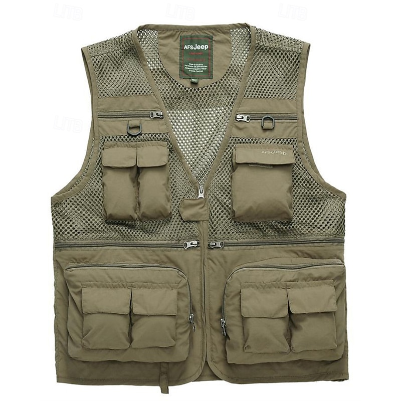 Men's Fishing Vest Hiking Vest Sleeveless Vest Outdoor Breathable Quick Dry Lightweight Winter Zipper Multiple Pockets Polyester Black Army Green Red Hunting Fishing Climbing