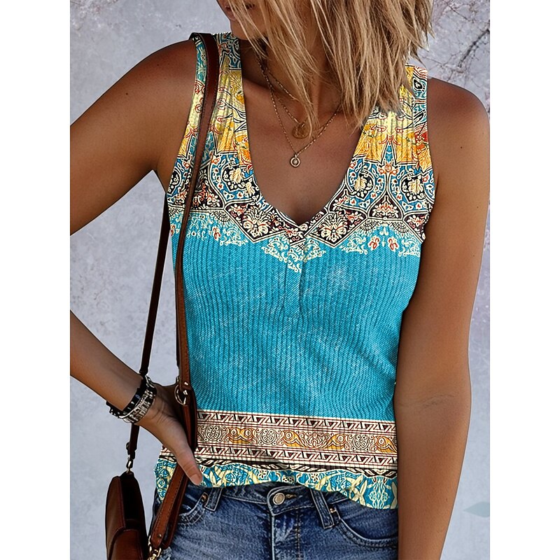 Women's Camisole Tank Top Graphic Geometric Vintage Stylish Ethnic Sleeveless V Neck Regular Tops Daily Print Yellow Blue Purple Green Summer Spring