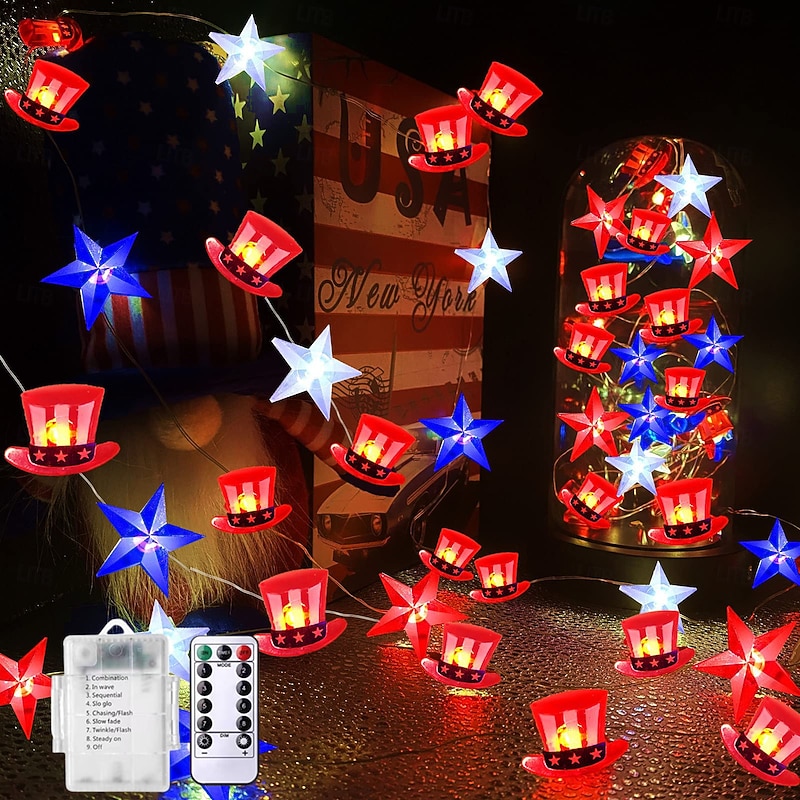 1 Pc 5M-50 LED Patriotic String Lights Pentagram US Flag Hat Light String July 4th US Independence Day Indoor and Outdoor Party Atmosphere String AAA Waterproof Battery Box Remote Control