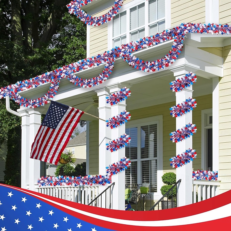 3 Pcs Patriotic Tinsel Garland 4th of July Decorations Total 19.7 Ft  Red White Blue Metallic Glitter Stars Garland Memorial Day National Independence Day Decor Home2