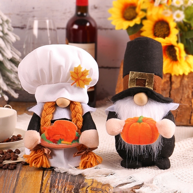 Fall Gnome Plush Doll with Pumpkin, Thanksgiving Harvest Faceless Gnome Decoration with Chef Hat, Autumn Table Decor for Home Kitchen Party Display