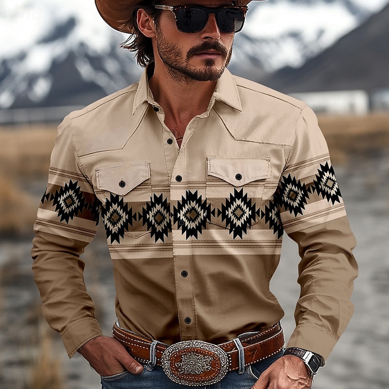Men's Aztec Ethnic Shirt Western Shirt Cowboy Shirt Long Sleeve Vintage Western Style Tribal Outdoor Daily WorkWear Fall & Winter Turndown 3D Print Front Two Pockets Button Up Shirts Brown Gray2