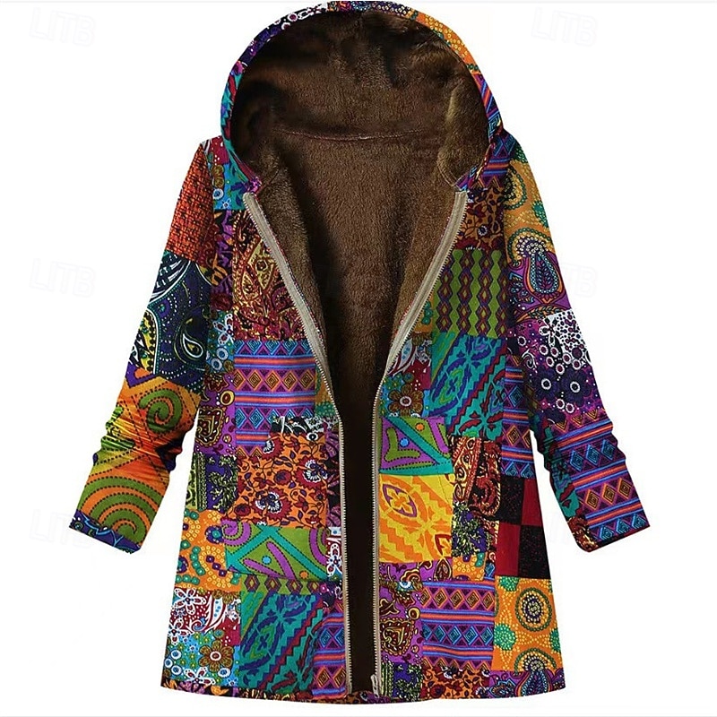 Women's Fleece Jacket Coat Hoodie Jacket Warm Comfortable Zipper Pocket Modern Casual Mixed Color Going out Weekend Zipper Regular Hooded Regular Fit Long Sleeve Outerwear Red Orange Winter2