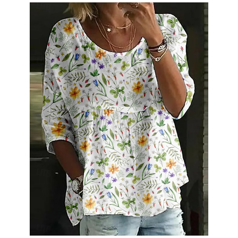 Women's Blouse Floral Stylish 3/4 Length Sleeve Crew Neck Regular Tops Daily Holiday Print White Light Green Pink Red Green Summer3