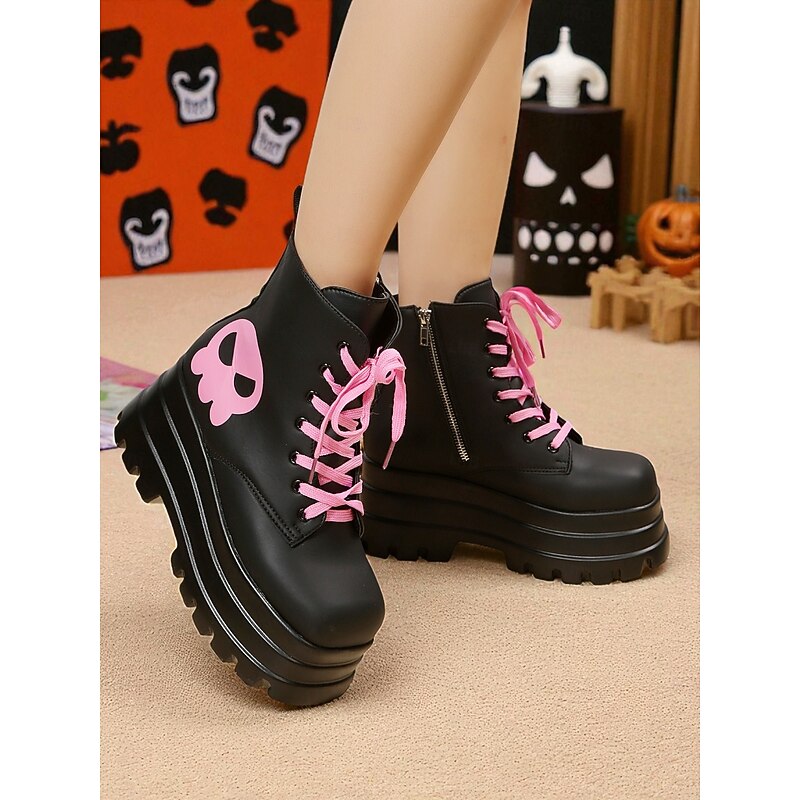 Women's Gothic Platform Combat Boots - Black Chunky Lace-Up Ankle Boots with Pink Skull for Cosplay, Halloween, and Punk Streetwear3