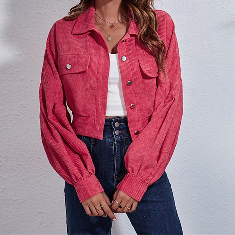 Women's Casual Jacket Warm Comfortable Pocket Corduroy Fashion Outdoor Plain Going out Weekend Short Turndown Regular Fit Long Sleeve Outerwear Dark Pink Fall Winter2