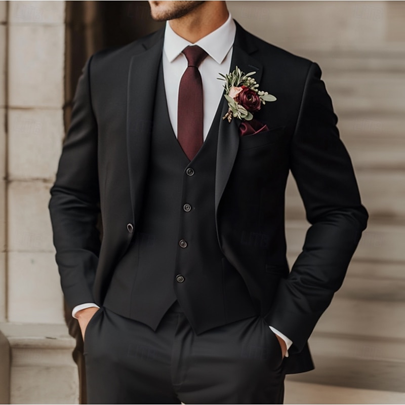 Men's Wedding Suits Black Fashion Formal Solid Colored Standard Fit 3 Piece Single Breasted One-button2