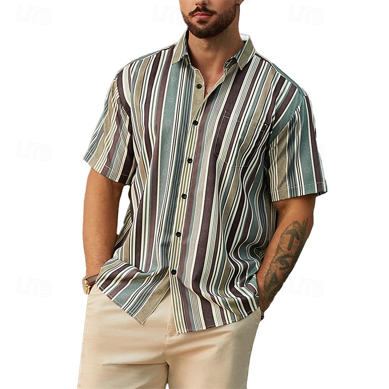Men's Shirt Summer Shirt Casual Shirt Beach Shirt Button Up Shirt Black Yellow Blue Dark Gray Short Sleeve Stripes Lapel Vacation Hawaiian Clothing Apparel Polyester Fashion Casual Comfortable3