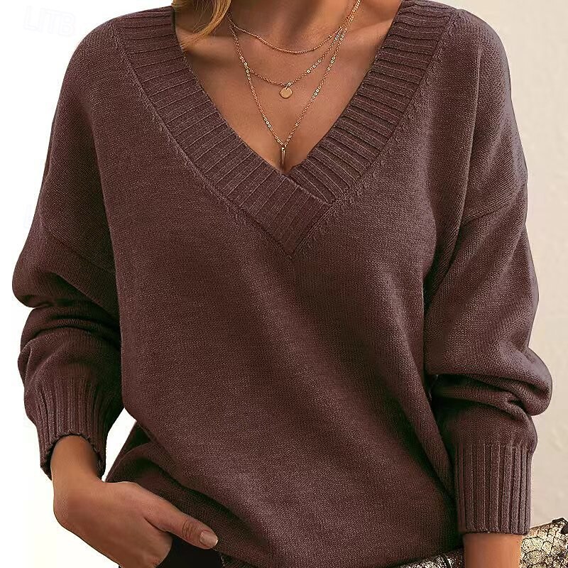 Women's Sweater Casual Solid Color Ribbed V Neck Knitted Long Sleeve Regular Tops Knit Holiday Going out Weekend Pink Red Fall Winter2