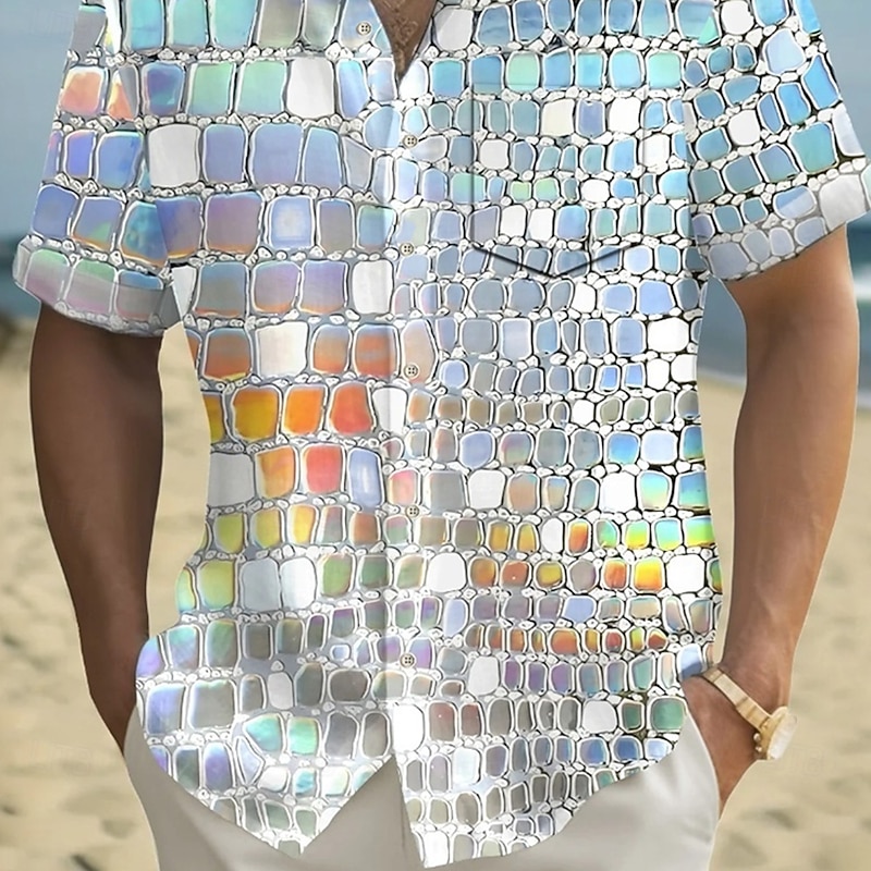 Men's Dazzle color Mosaic Tiles Shirt Summer Shirt Button Up Shirt Short Sleeve Fashion Casual Outdoor Vacation Dailywear Summer Spring Turndown 3D Print Collared Shirts Front One Pocket Silver2