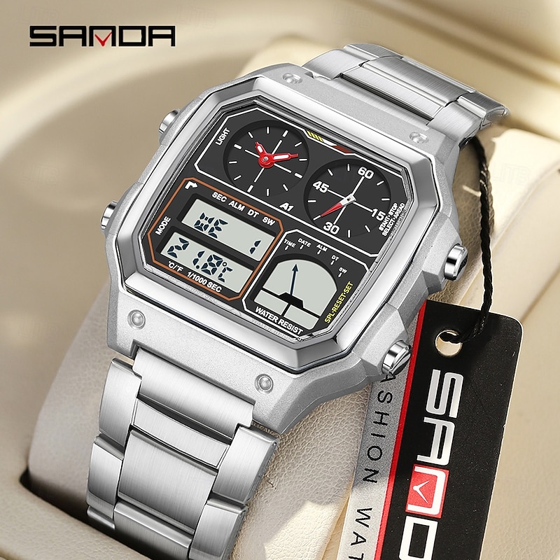 SANDA Men Digital Watch Outdoor Fashion Casual Wristwatch Luminous Stopwatch Alarm Clock Three Time Zones Steel Silicone Gel Watch3