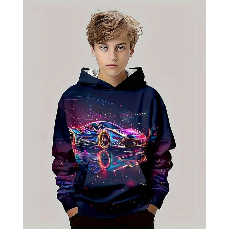 Boys' 3D Car Hoodie Long Sleeve Spring Fall Fashion Streetwear Kids 4-12 Years Hooded Outdoor Casual Daily Regular Fit