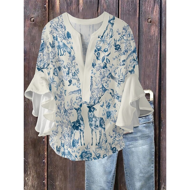 Women's Blouse Floral Stylish Modern 3/4 Length Sleeve V Neck Regular Tops Daily Holiday Ruffle Print Pink Blue Green Apricot Summer