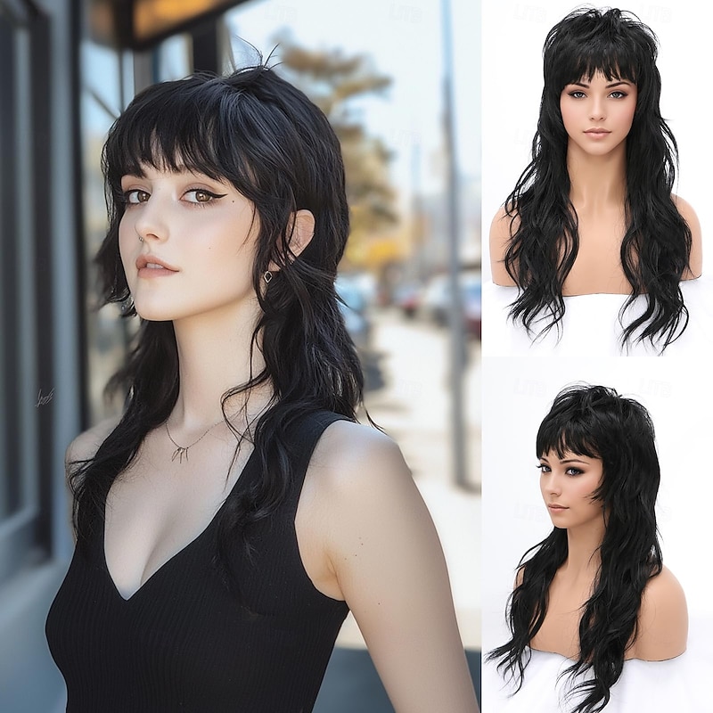 80s 90s Retro Mullet Wigs Pixie Cut Wigs with Bangs for Women Wolf Cut Wig Long Synthetic Wavy Costumes Cosplay Hair Wig for Women at Party Halloween Wigs2