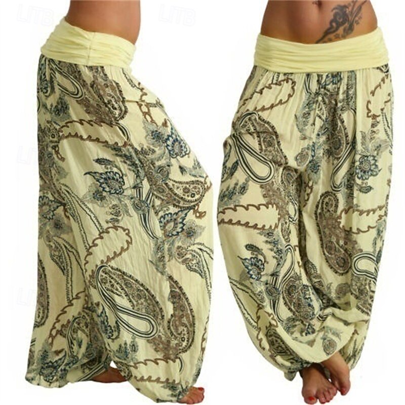Women's Pants Trousers Harem Pants Palazzo Pants Fashion Boho Full Length Mid Waist Print Elastic Waist Comfy Comfortable Micro-elastic Street Daily Wear Going out Black Yellow Red Navy Blue Summer2