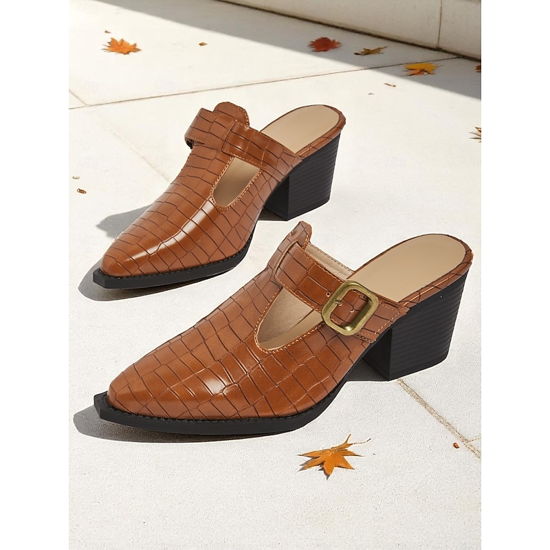 Women's Croc-Embossed Block Heel Mules – Buckle Decor Slip-On Shoes with Cutout Design, Stylish Commuter Shoes for Office, Work and Daily Wear3