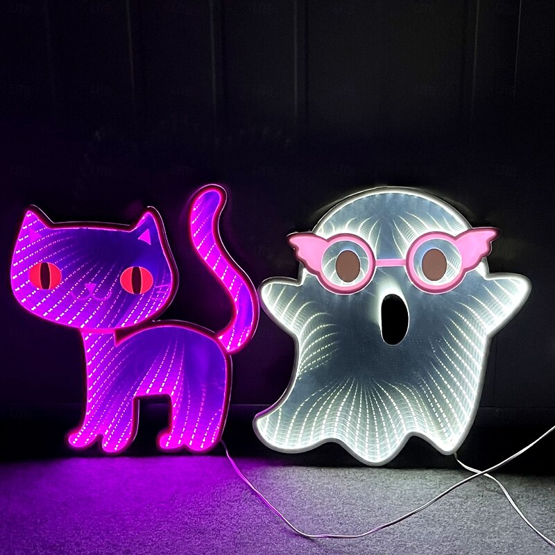 Halloween Infinity Lights Black Cat Light Ghost Light 3D Infinite Mirror Light Tunnel Light Abyss Neon Light Festival Party Decoration Light Us Plug2