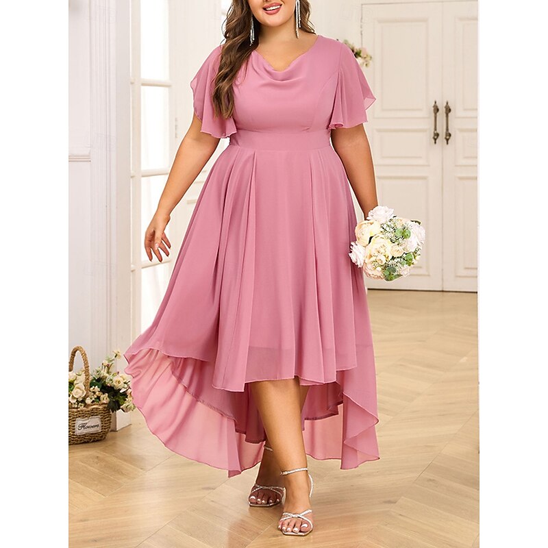 Women's Plus Size A Line Dress Pure Color Crew Neck Short Sleeve Summer Spring Elegant Midi Dress Formal Party Dress