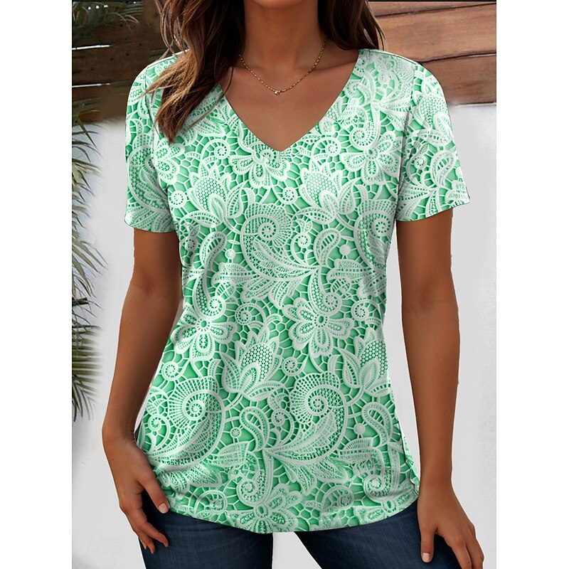 Women's T Shirt Floral Graphic Plants Vintage Fashion Hawaiian Short Sleeve V Neck Regular Tops Daily Going out Weekend Print Pink Blue Purple Green off-white Summer Spring4