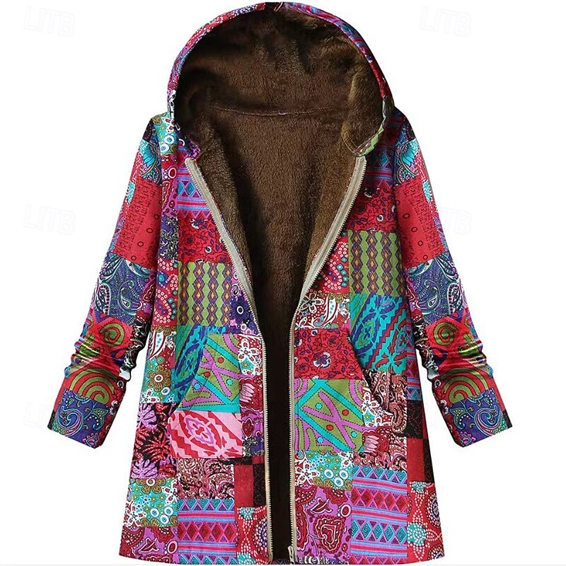 Women's Fleece Jacket Coat Hoodie Jacket Warm Comfortable Zipper Pocket Modern Casual Mixed Color Going out Weekend Zipper Regular Hooded Regular Fit Long Sleeve Outerwear Red Orange Winter