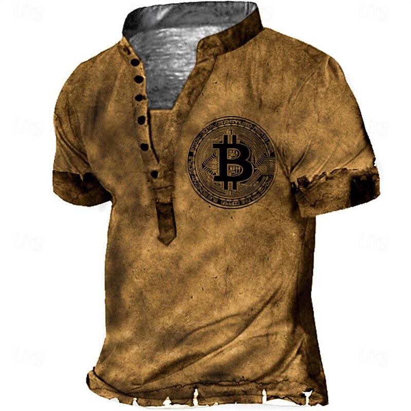 Bitcoin Wallet Mens Graphic Shirt Vintage 3D | Brown Summer Cotton Designer Basic Casual Print Tee Henley Outdoor Daily Sports Short Sleeve Stand