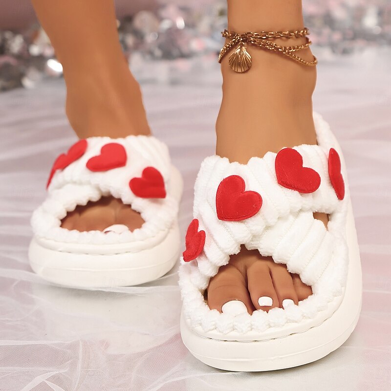 Women's Heart Plush Slide Slippers, Cute Fuzzy Open Toe Sandals with 3D Love Design, Comfy Indoor House Shoes for Valentine's Day and Casual Wear4