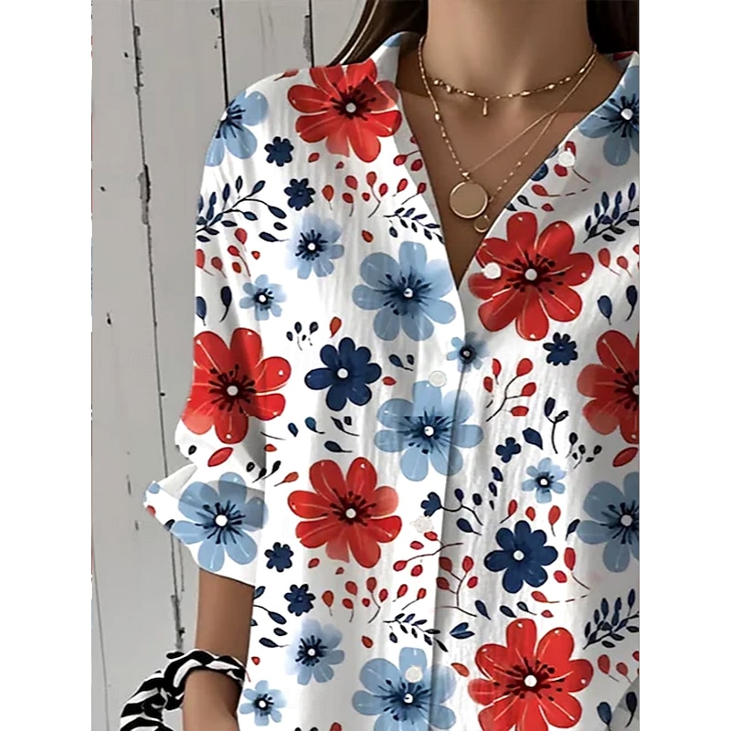 Women's Shirt Button Down Tunic Shirt Collar Long Sleeve Floral Graphic Vintage Tropical Daily Regular Tops Work Daily Holiday s Print Red Blue Green Spring Fall2
