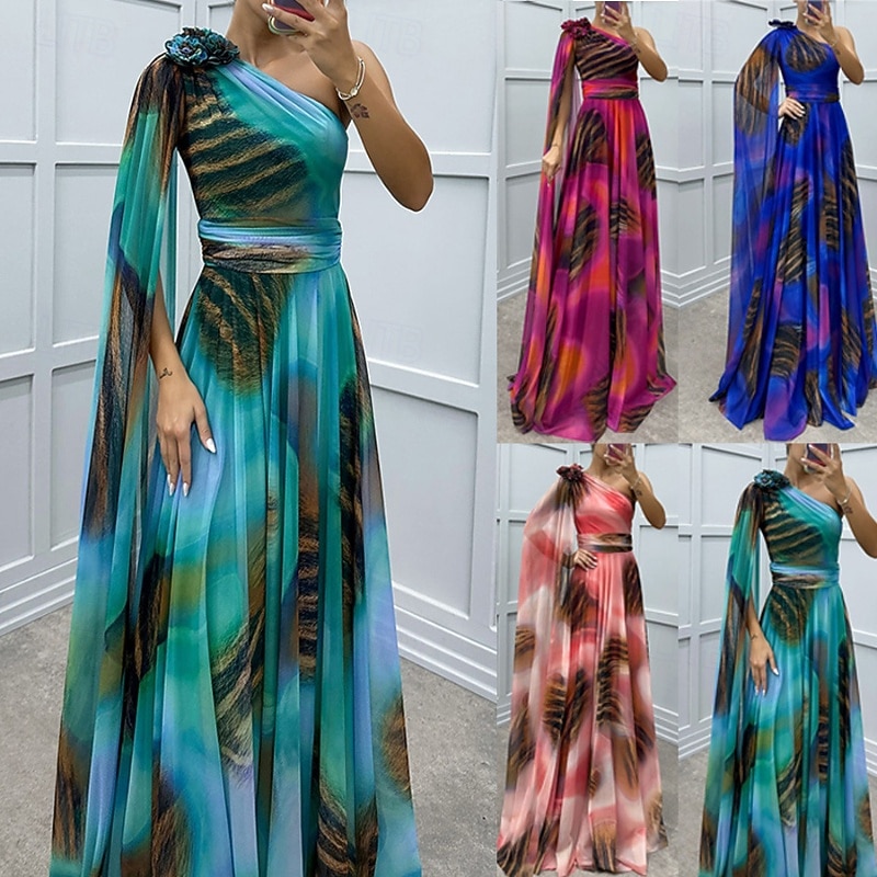 Women's Long Dress Maxi Dress Prom Dress Party Dress Elegant Fashion Party Special Occasion Evening Party Regular Fit Flower Short Sleeve One Shoulder Pink Red Blue Summer