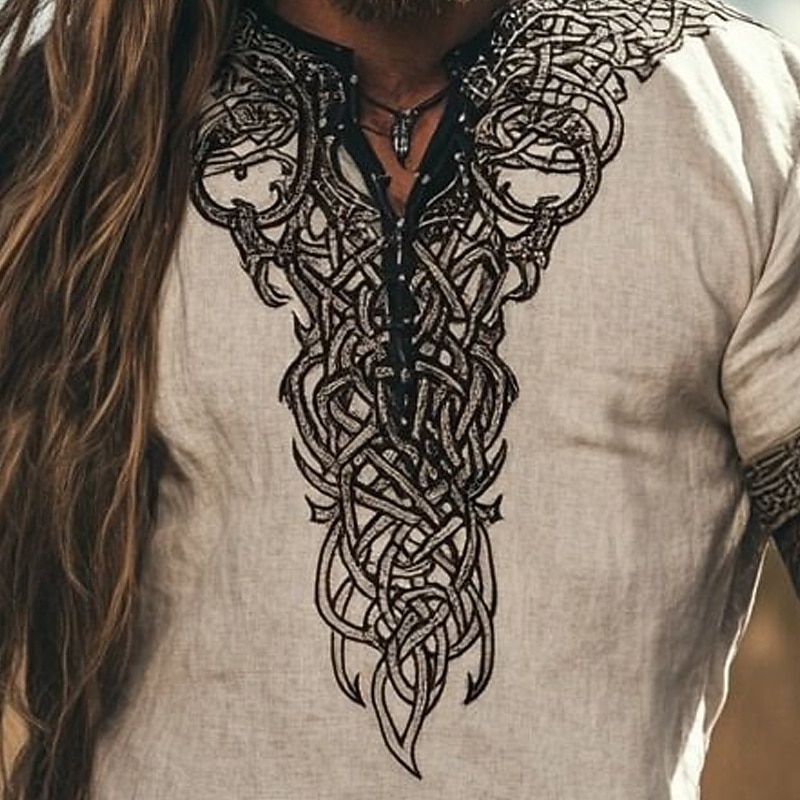 Men's Linen Shirt Popover Shirt Summer Shirt Vintage Shirt Short Sleeve Shirt Ethnic Shirt Patchwork Vacation Street Khaki Short Sleeve V Neck Summer Clothing Apparel Ethnic2