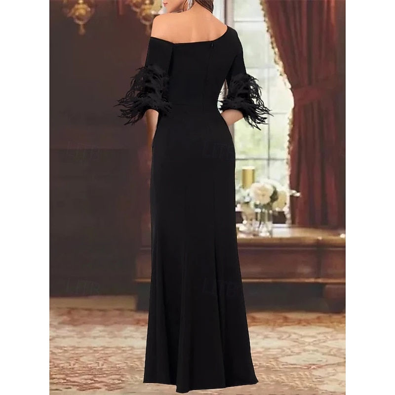 Black Tie Mermaid Feather Evening Gown Elegant Dress Formal Wedding Guest Floor Length Long Sleeve Off Shoulder Detachable Stretch Crepe2