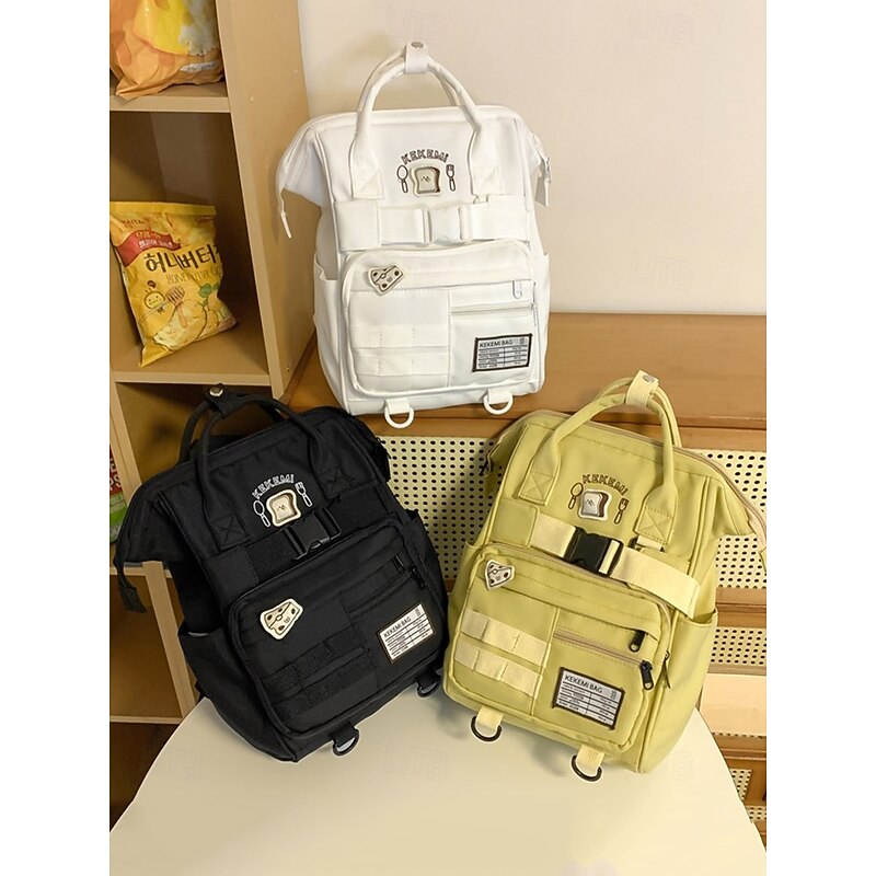 Waterproof Toast Cartoon Backpack for Girls – Kawaii School Bag with Plush Keychain and Multi-Pockets for Teenagers, College and Travel Black White Yellow2