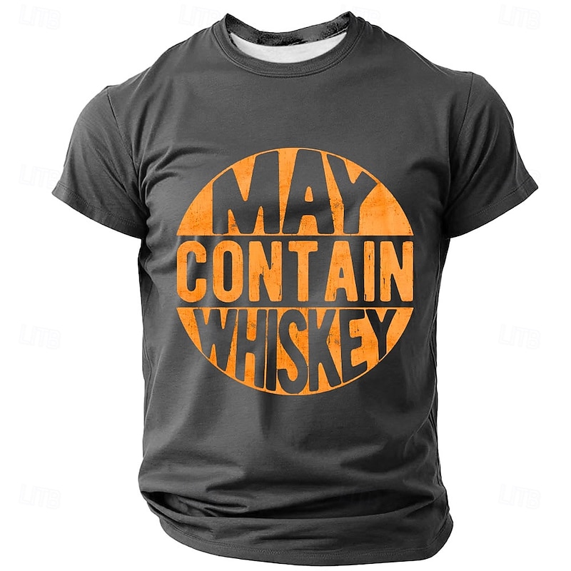 Men's Short Sleeve T-Shirt with Funny 'May Contain Whiskey' Graphic Print, Humorous Wordplay Alcohol Tee