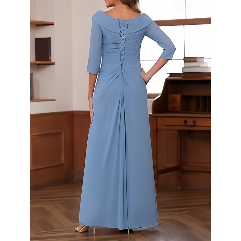 A-Line Wedding Guest Dresses Elegant Dress Wedding Guest Engagement Floor Length 3/4 Length Sleeve V Neck Chiffon with Pleats Ruched Beading2
