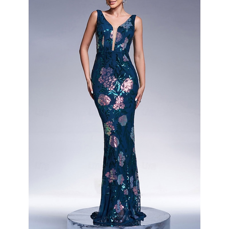 Mermaid / Trumpet Evening Gown Elegant Dress Formal Wedding Floor Length Sleeveless V Neck Lace with Sequin