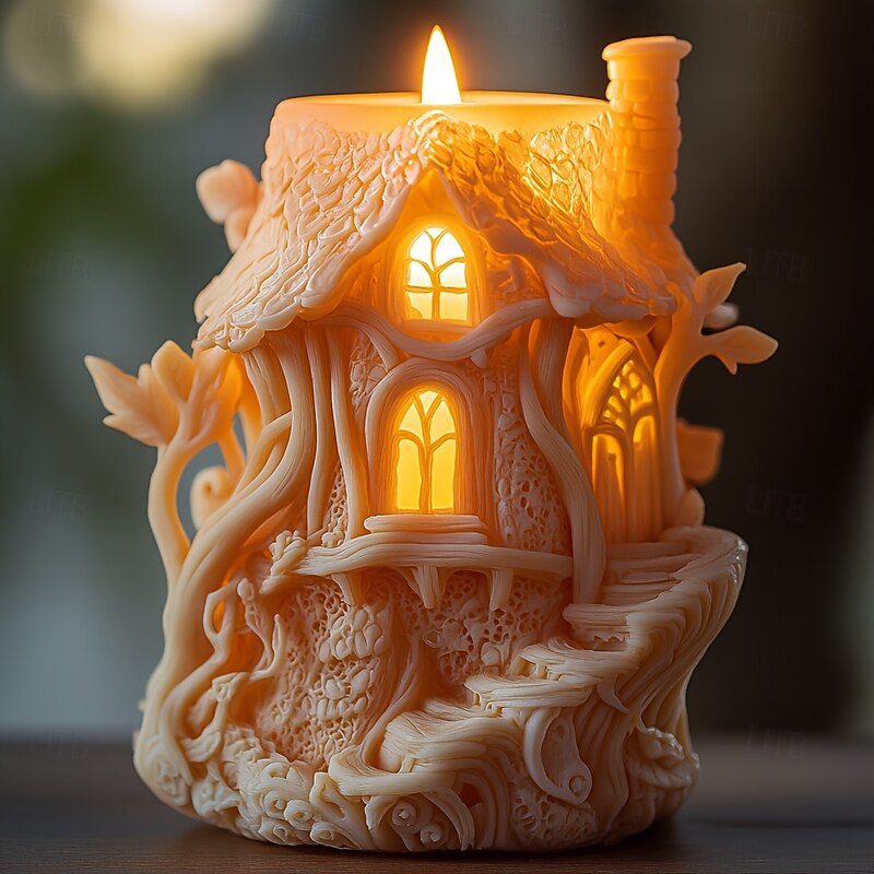 3D Silicone Fairy House Candle Mold - Enchanted Forest Design with Gothic Windows & Tree Root Details Perfect for Easter & Ramadan Decor DIY Resin Craft 1pc Magic Home Decoration DIY Crafts