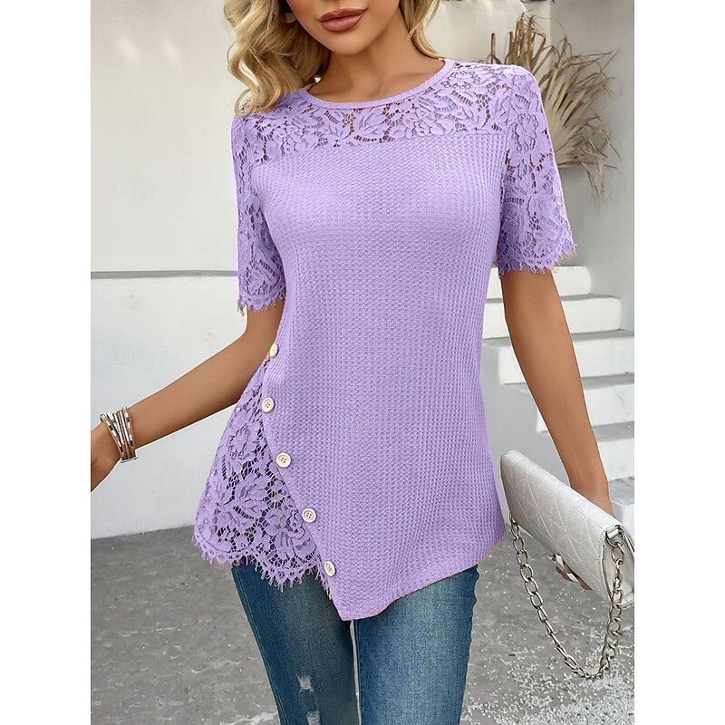 Women's Lace Shirt Solid Color Stylish Casual Short Sleeve Crew Neck Regular Tops Daily Lace Patchwork Pink Purple Gold Green Khaki Summer4