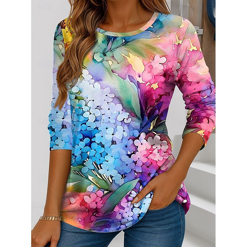 Women's T shirt Crew Neck Long Sleeve Tunic Floral Graphic Vintage Stylish Classic  Regular Tops Daily Weekend Print Pink Purple Green Spring Fall