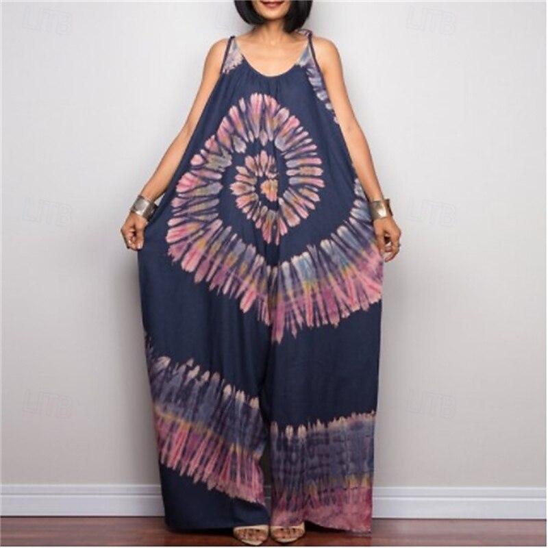Women's Normal Jumpsuit Casual Tie Dye Sleeveless Wide Leg Crew Neck Pocket Print Street Daily Regular Fit Black Pink Navy Blue Summer