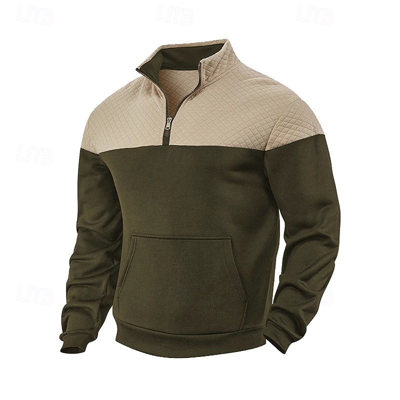 Men's Waffle Sweatshirt Zip Sweatshirt Black Army Green Navy Blue Khaki Gray Standing Collar Color Block Color Block Quarter Zip Sports & Outdoor Casual Daily Streetwear Cool Sportswear Spring &  Fall2