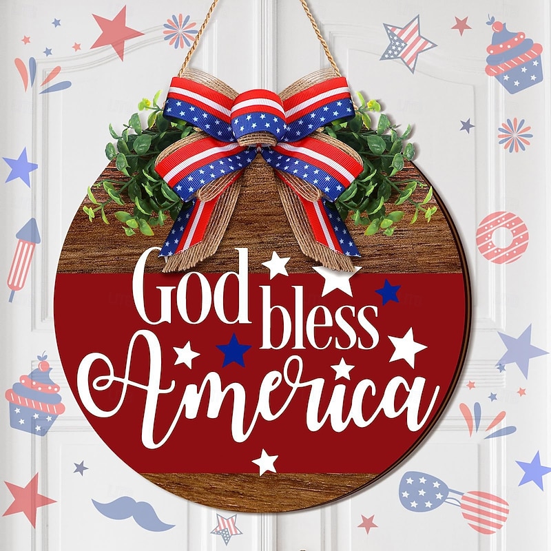 Patriotic Welcome Sign for Front Door 4th of July Independence Day Wreath Decorations Outdoor Door Hanger for Porch, Wall, Window 12"2