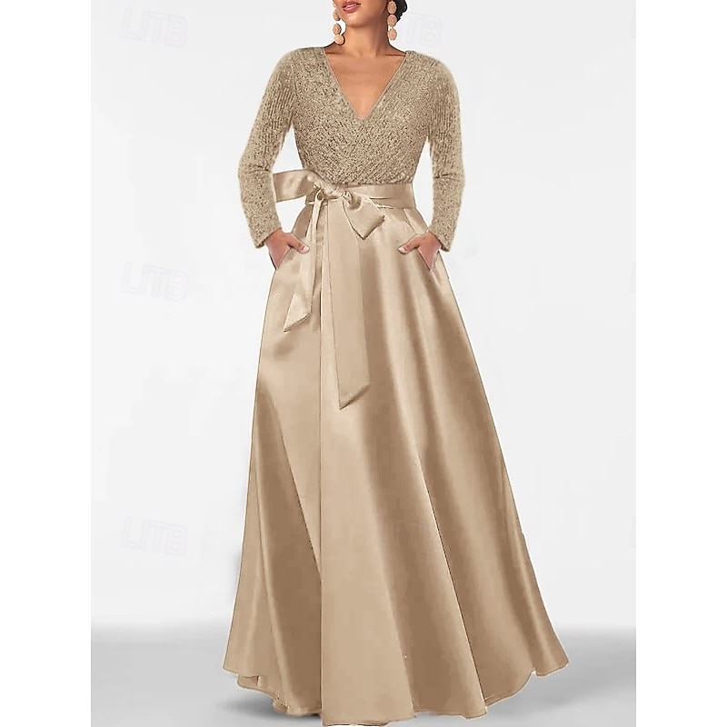 A-Line Mother of the Bride Sequined Evening Gown Elegant Formal Wedding Guest Dress Floor Length Long Sleeve V Neck Pocket Satin with Glitter Slit4