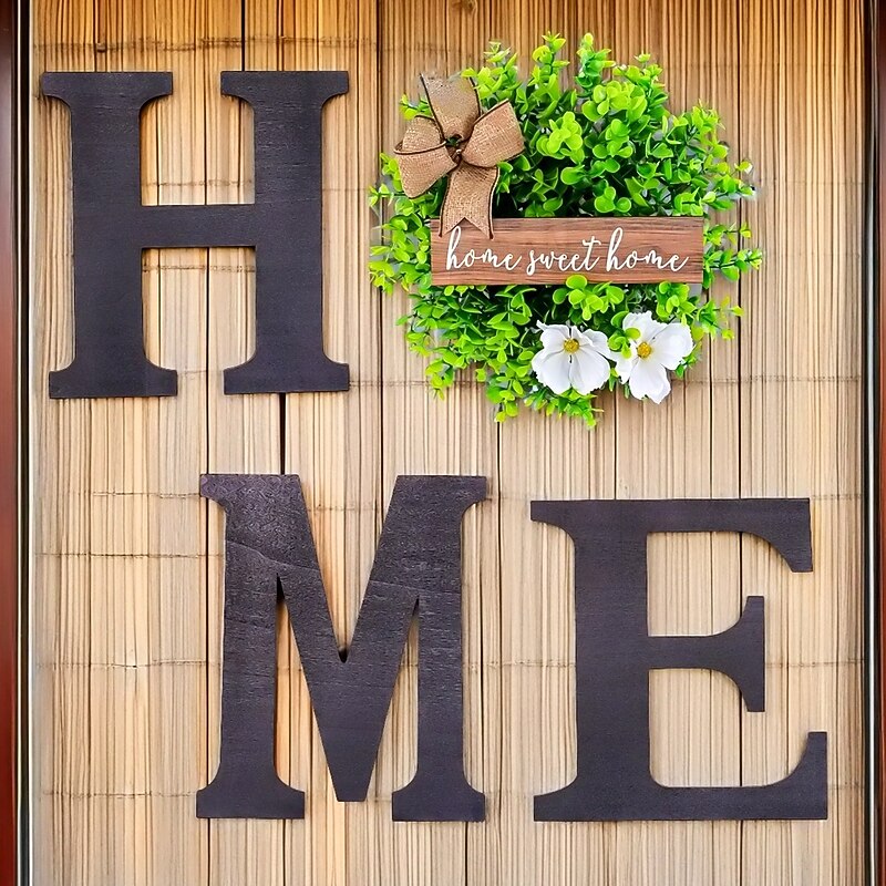 Spring HOME Sign Wood Wall Wreath Decor, Rustic Hanging Wooden Letter Plaque for Front Door or Wall, Farmhouse Home Decoration for Indoor Outdoor