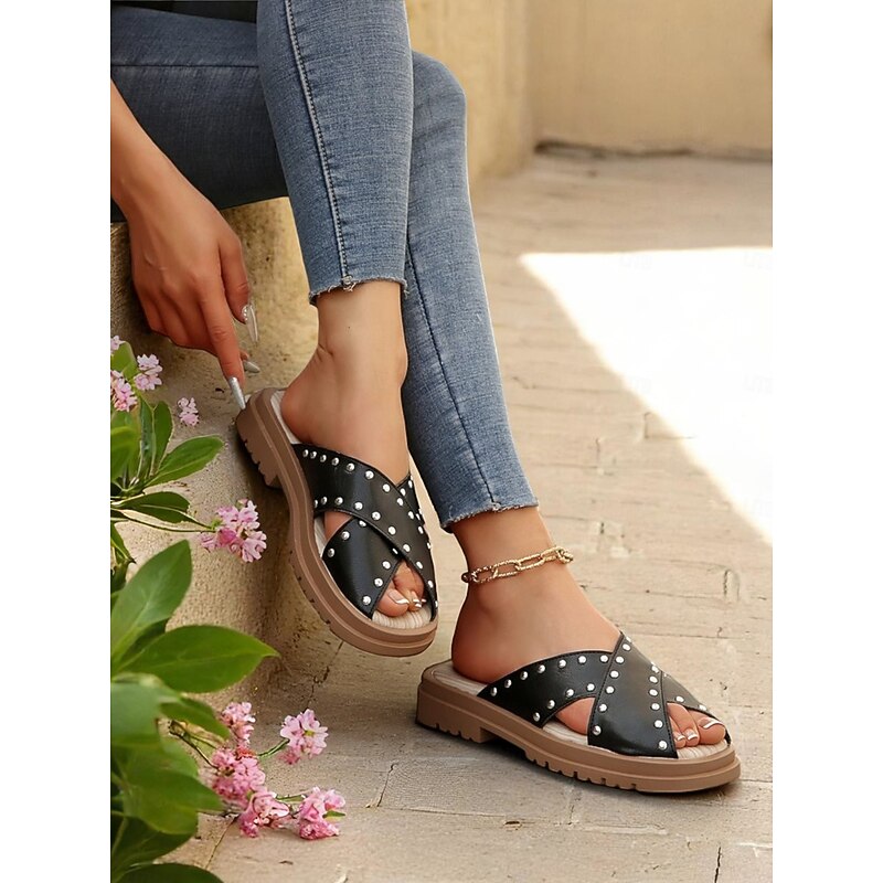 Women's Studded Crisscross Slip-On Slides, Cushioned Open-Toe Sandals for Festivals, Poolside Hangouts and Weekend Walks4