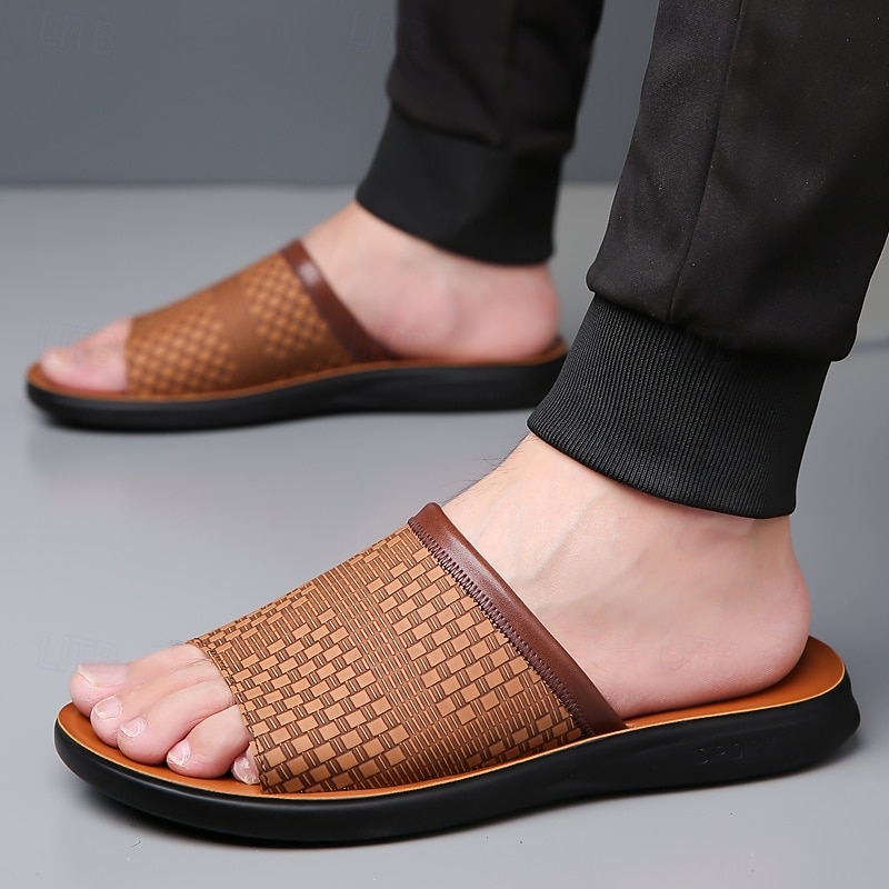 Men's Woven Style Faux Leather Slide Sandals Textured Upper Comfortable Slip-On Design Perfect for Relaxing Poolside and Vacation Wear3