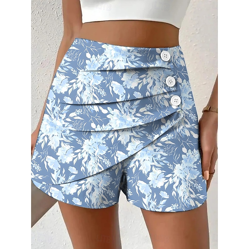 Women's Chinos Shorts Vacation Vintage Ethnic Style Short High Waist Floral Graphic Pleated Micro-elastic Vacation Street Daily Robin's Egg Blue Yellow Red Green Summer Spring Regular Fit