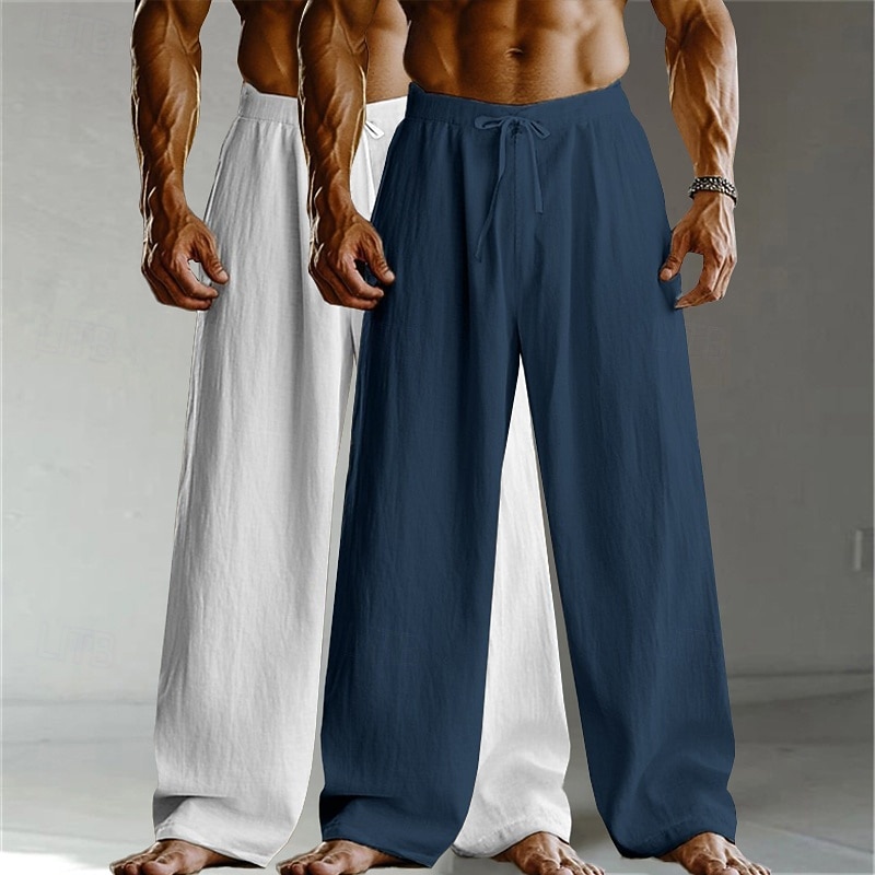 Men's Linen Pants Trousers Summer Pants Baggy Pants Beach Pants Drawstring Elastic Waist Straight Leg Plain Comfort Breathable Full Length Home Daily Holiday Vacation Fashion White+Khaki Khaki+Black3